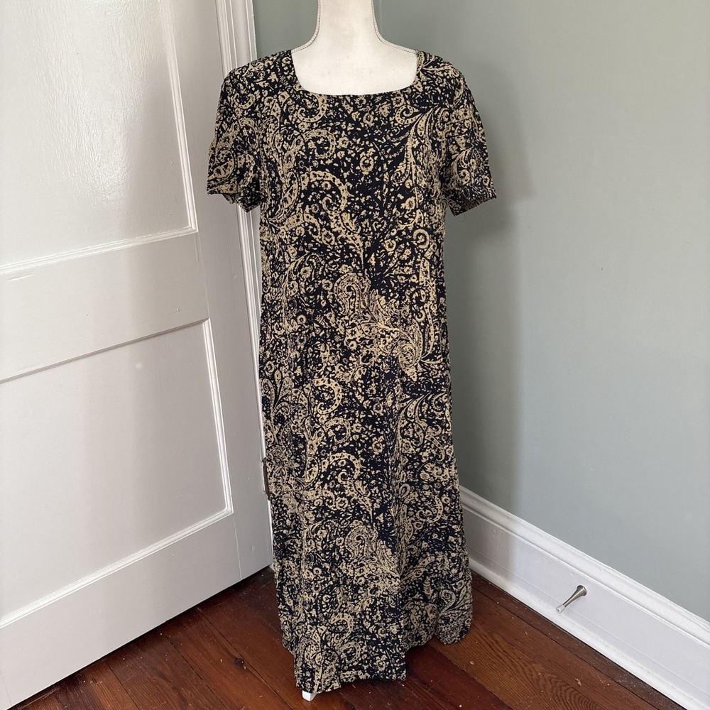 Vintage 100% Silk Short Sleeve Jaeger Paisley Maxi Dress Black Gold Size 14